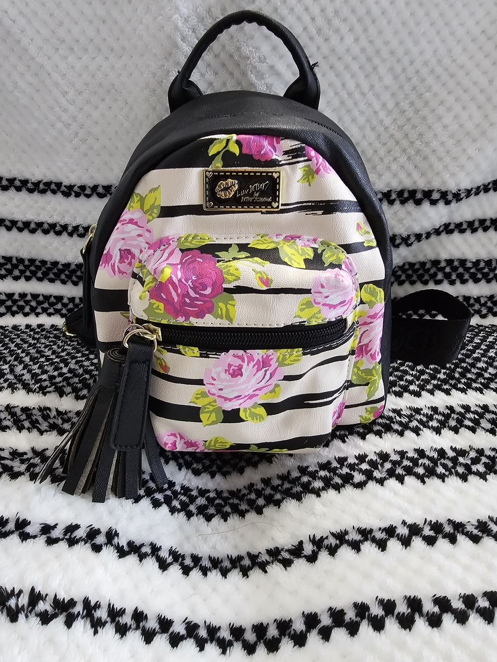 Betsey Johnson Black & Pink Floral Stripe Mini Backpack
